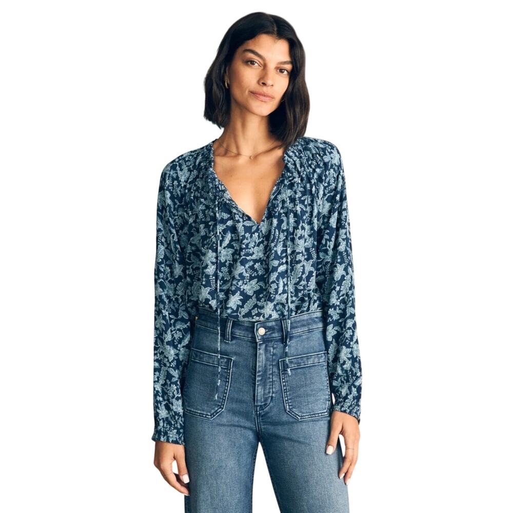 FAHERTY Women’s Emery Blue Floral Coastal Boho Long Sleeve Smocked Top